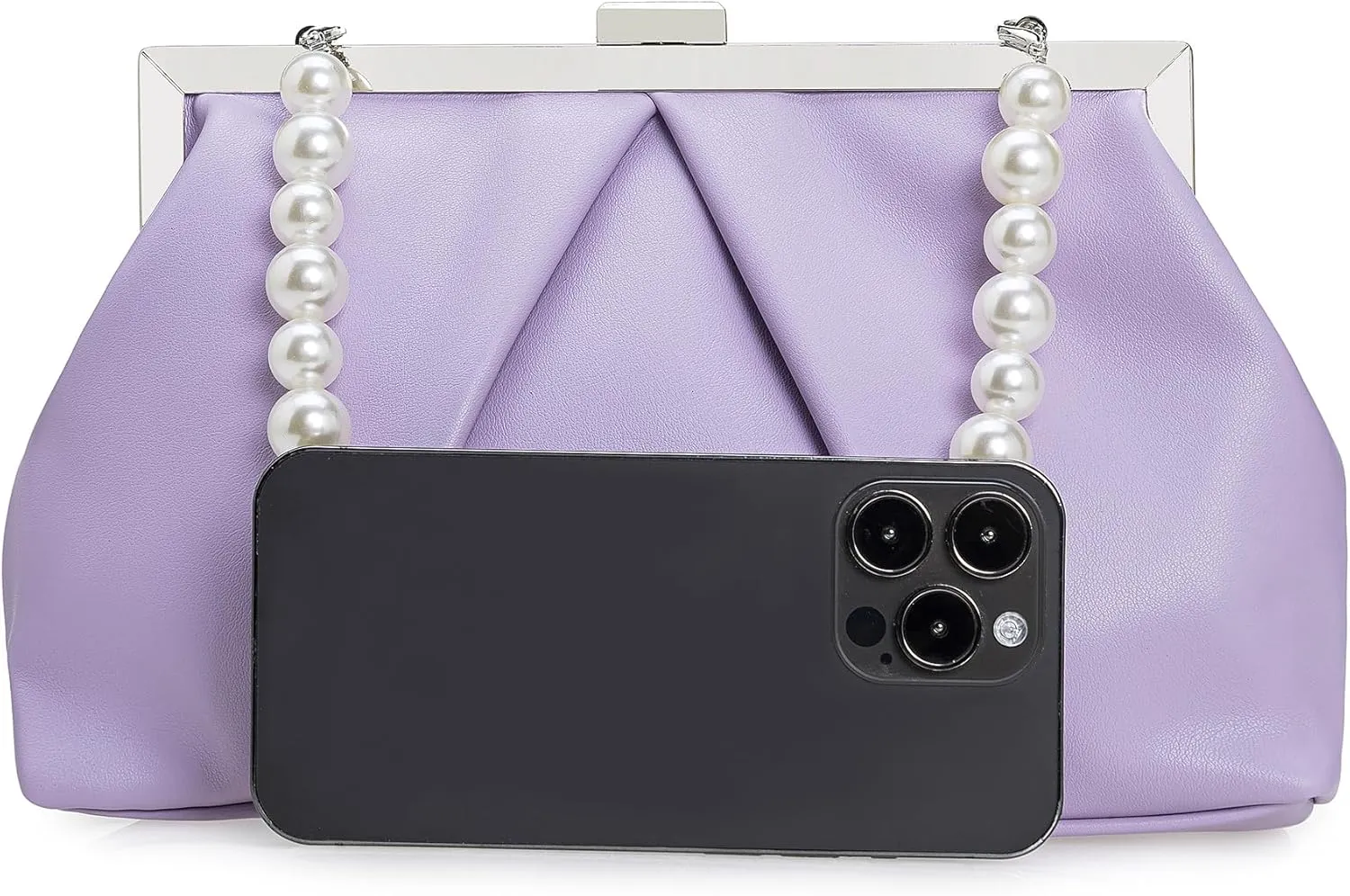 CHARMING TAILOR Faux Leather Clutch Purse Ruched PU Metal Frame Formal Evening Bag with Pearl Starp