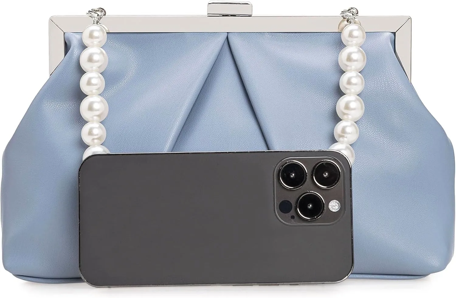 CHARMING TAILOR Faux Leather Clutch Purse Ruched PU Metal Frame Formal Evening Bag with Pearl Starp