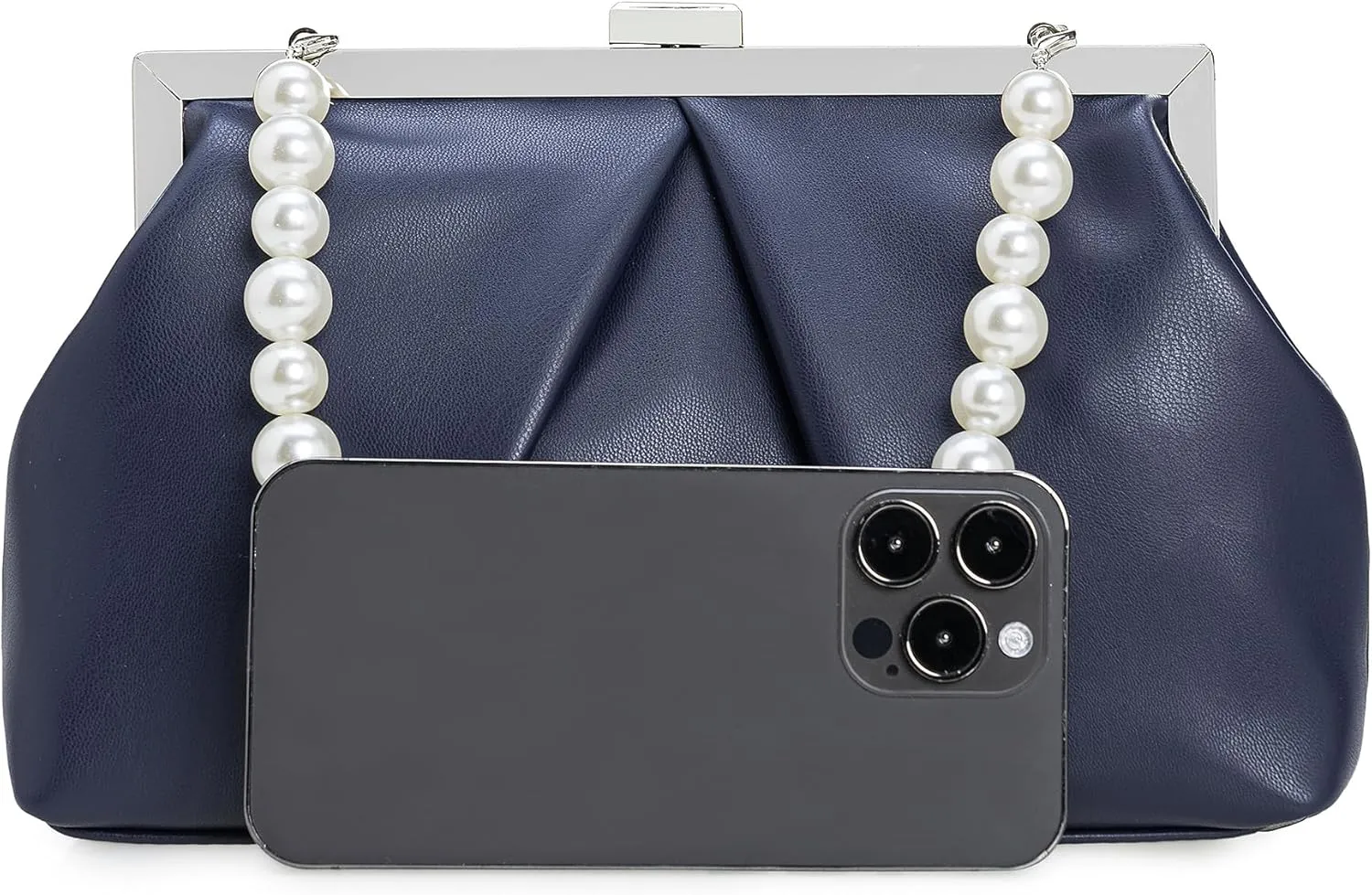 CHARMING TAILOR Faux Leather Clutch Purse Ruched PU Metal Frame Formal Evening Bag with Pearl Starp