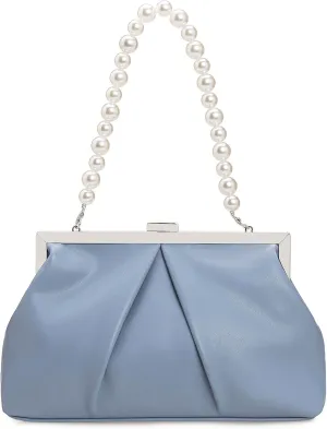 CHARMING TAILOR Faux Leather Clutch Purse Ruched PU Metal Frame Formal Evening Bag with Pearl Starp