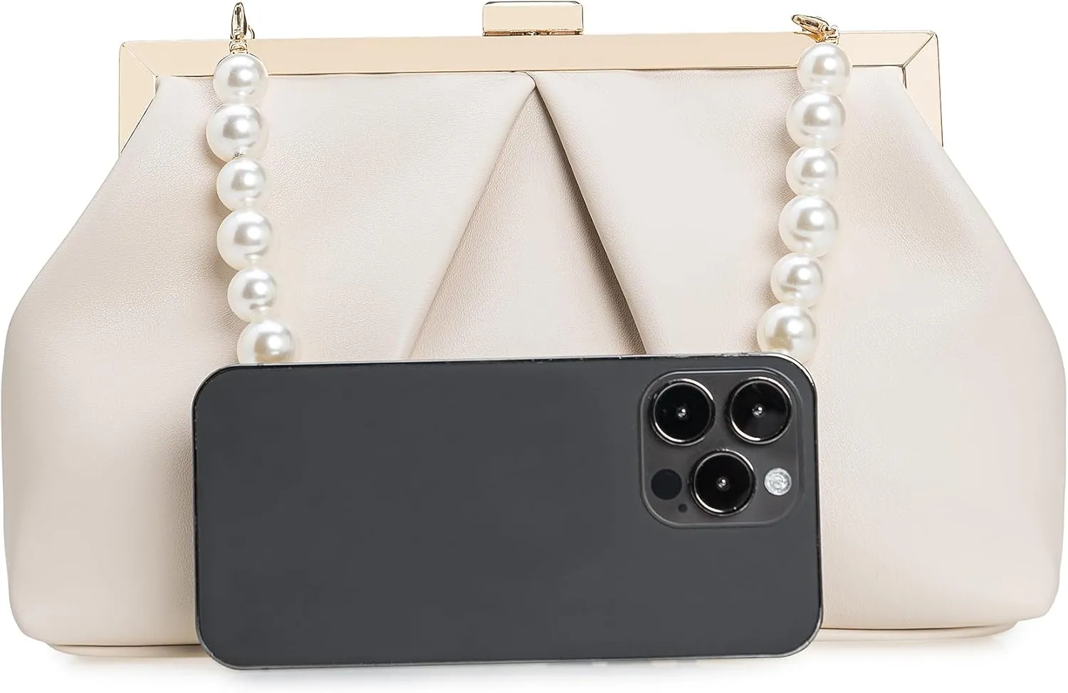 CHARMING TAILOR Faux Leather Clutch Purse Ruched PU Metal Frame Formal Evening Bag with Pearl Starp