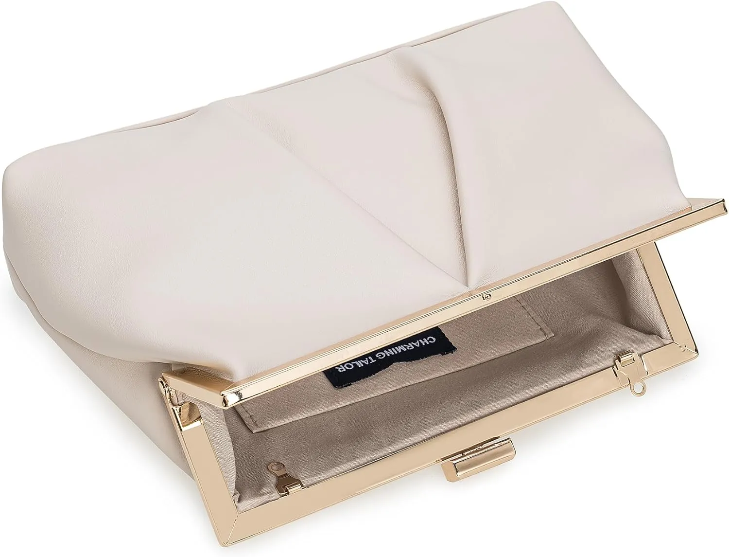 CHARMING TAILOR Faux Leather Clutch Purse Ruched PU Metal Frame Formal Evening Bag with Pearl Starp