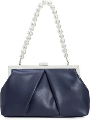 CHARMING TAILOR Faux Leather Clutch Purse Ruched PU Metal Frame Formal Evening Bag with Pearl Starp