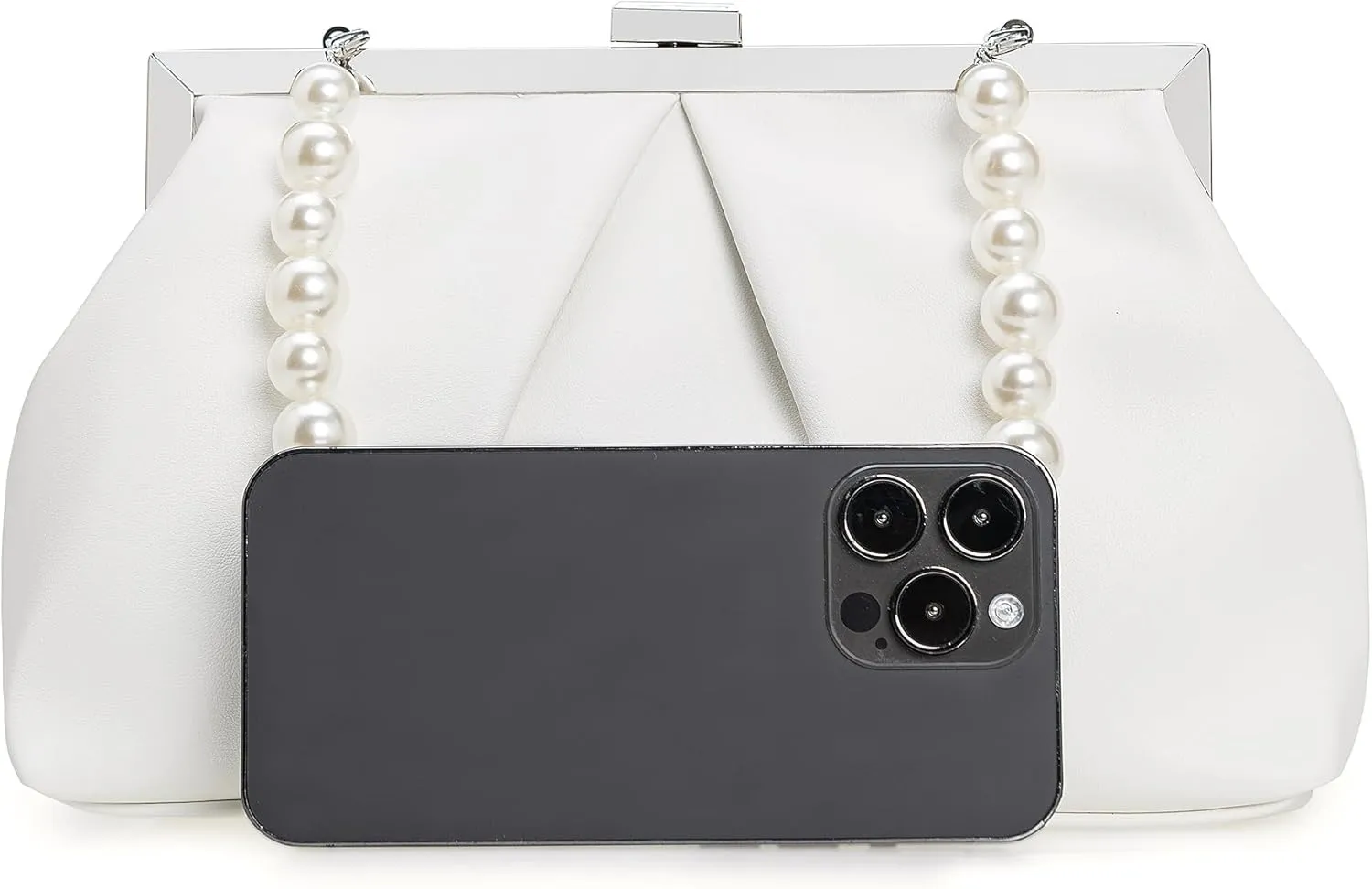 CHARMING TAILOR Faux Leather Clutch Purse Ruched PU Metal Frame Formal Evening Bag with Pearl Starp