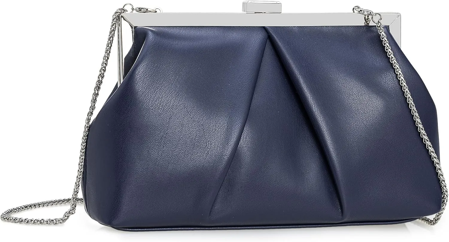 CHARMING TAILOR Faux Leather Clutch Purse Ruched PU Metal Frame Formal Evening Bag with Pearl Starp