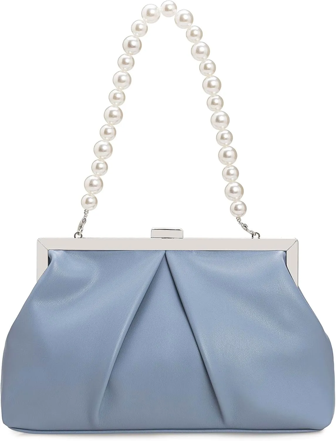 CHARMING TAILOR Faux Leather Clutch Purse Ruched PU Metal Frame Formal Evening Bag with Pearl Starp
