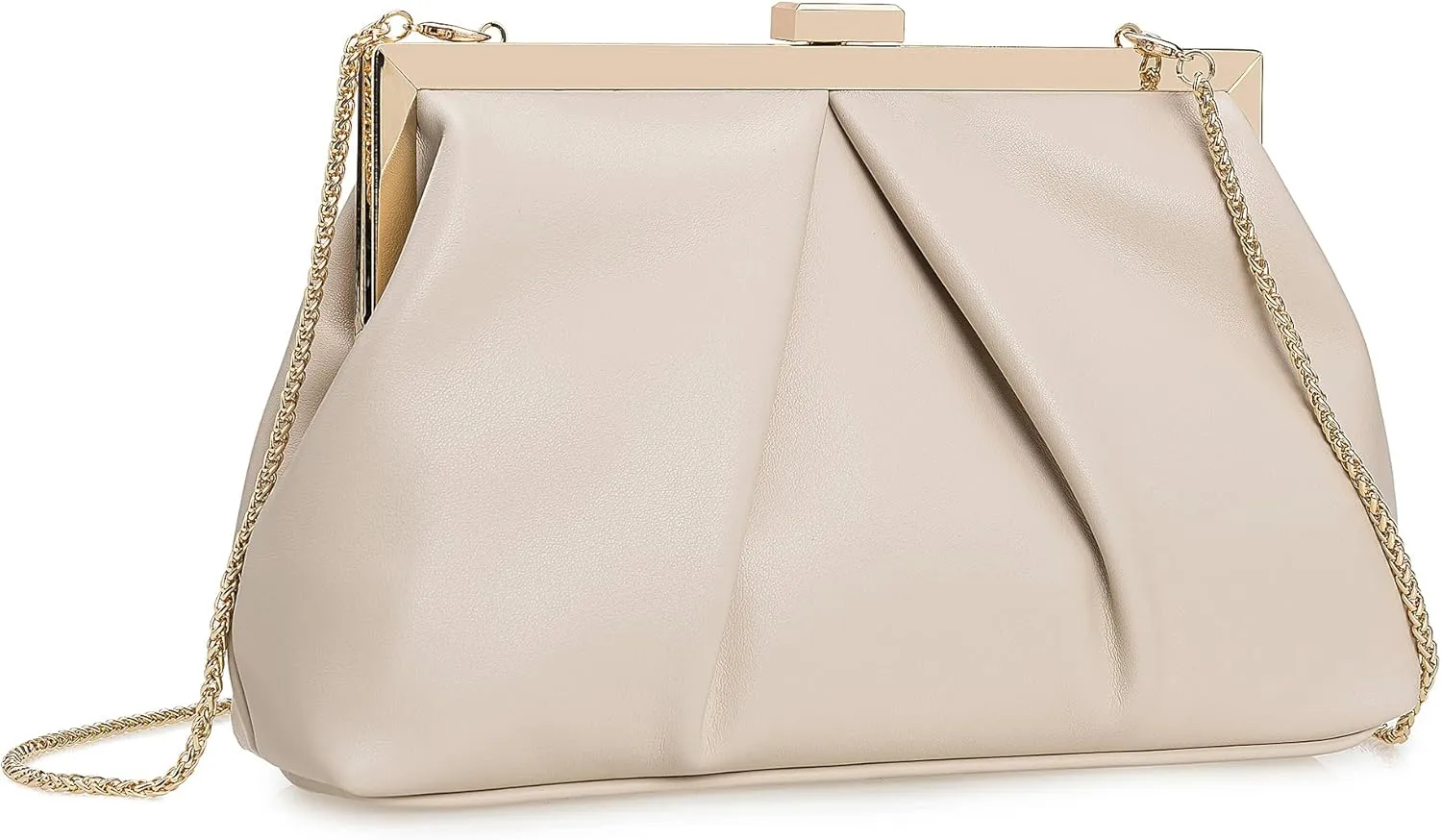 CHARMING TAILOR Faux Leather Clutch Purse Ruched PU Metal Frame Formal Evening Bag with Pearl Starp