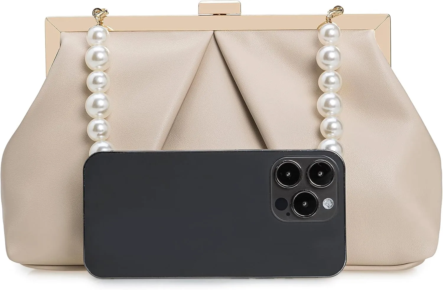 CHARMING TAILOR Faux Leather Clutch Purse Ruched PU Metal Frame Formal Evening Bag with Pearl Starp