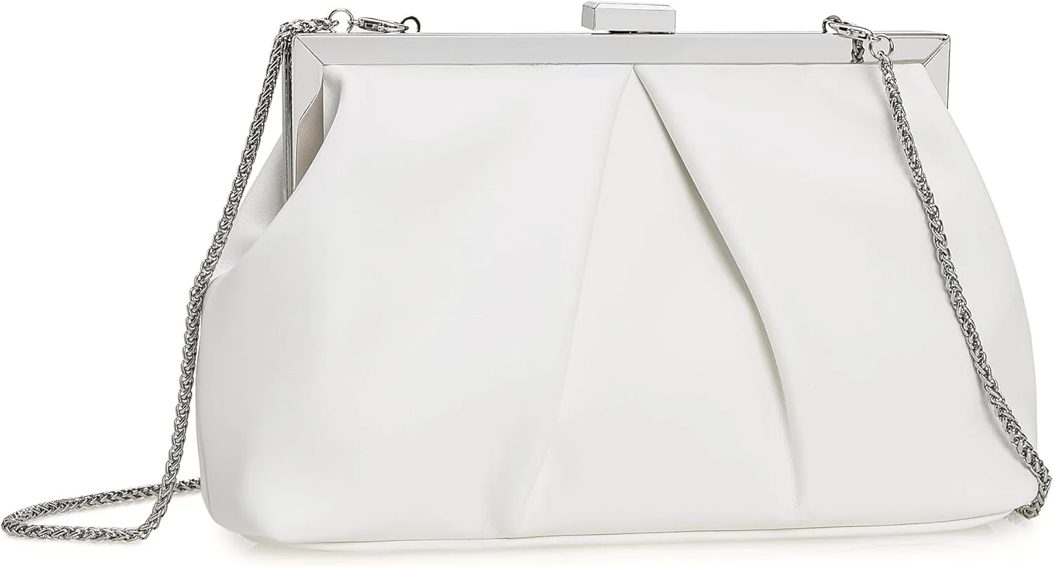CHARMING TAILOR Faux Leather Clutch Purse Ruched PU Metal Frame Formal Evening Bag with Pearl Starp