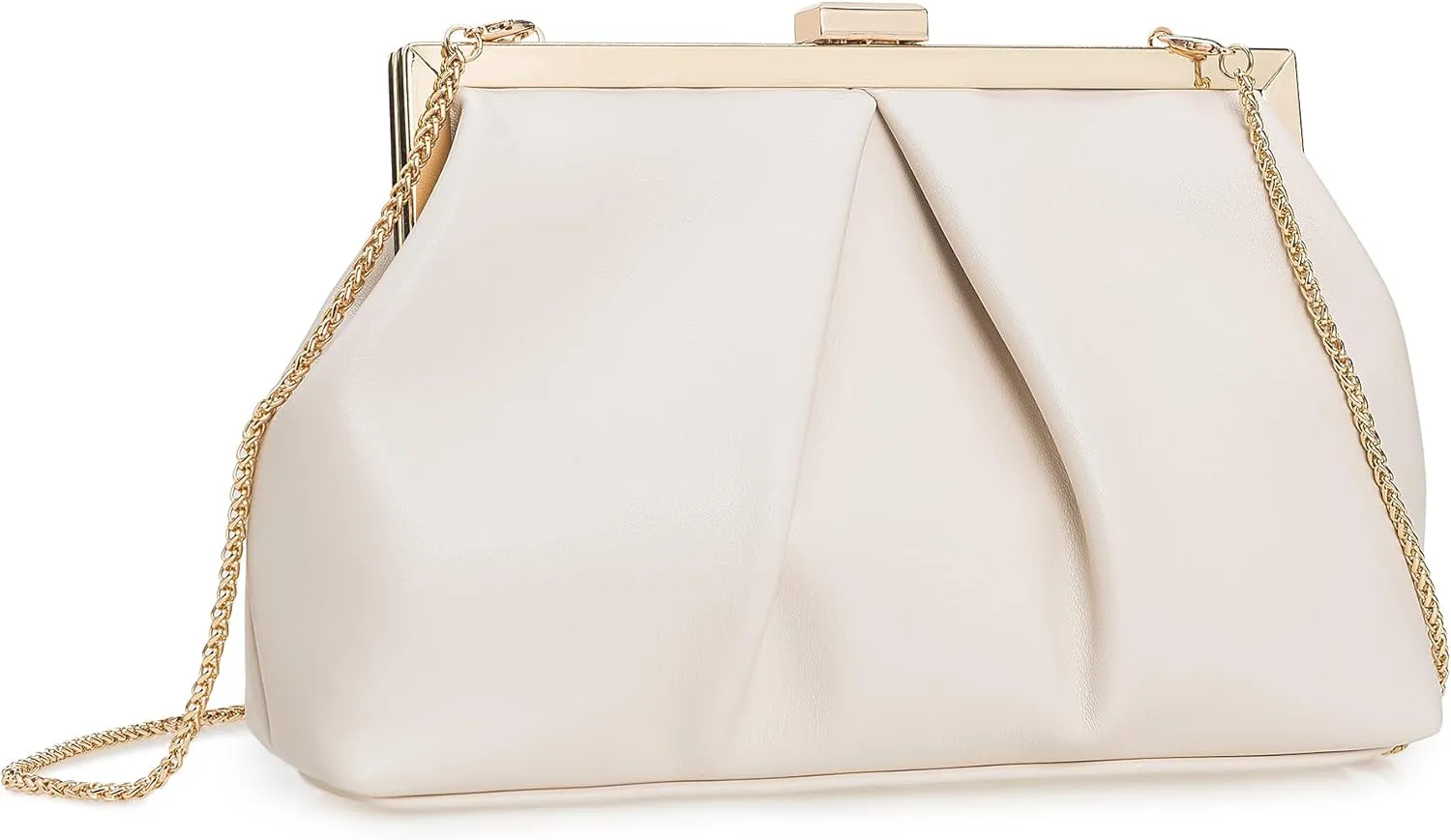 CHARMING TAILOR Faux Leather Clutch Purse Ruched PU Metal Frame Formal Evening Bag with Pearl Starp