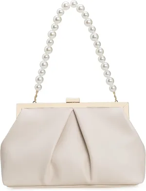 CHARMING TAILOR Faux Leather Clutch Purse Ruched PU Metal Frame Formal Evening Bag with Pearl Starp