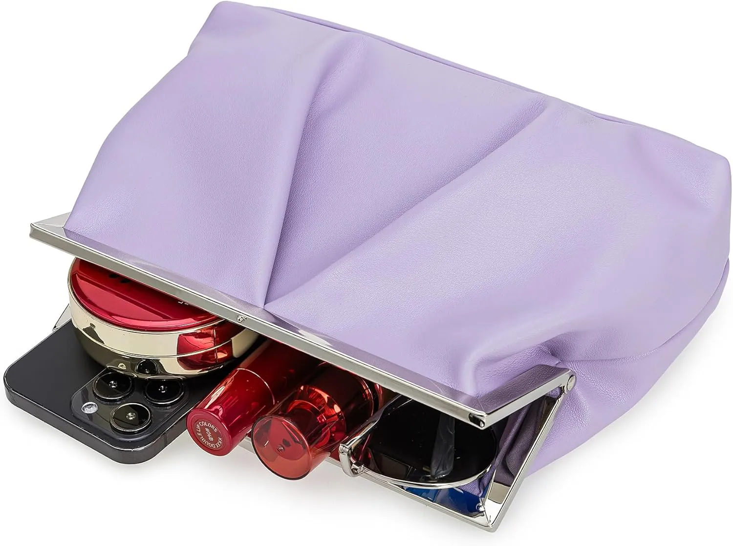CHARMING TAILOR Faux Leather Clutch Purse Ruched PU Metal Frame Formal Evening Bag with Pearl Starp