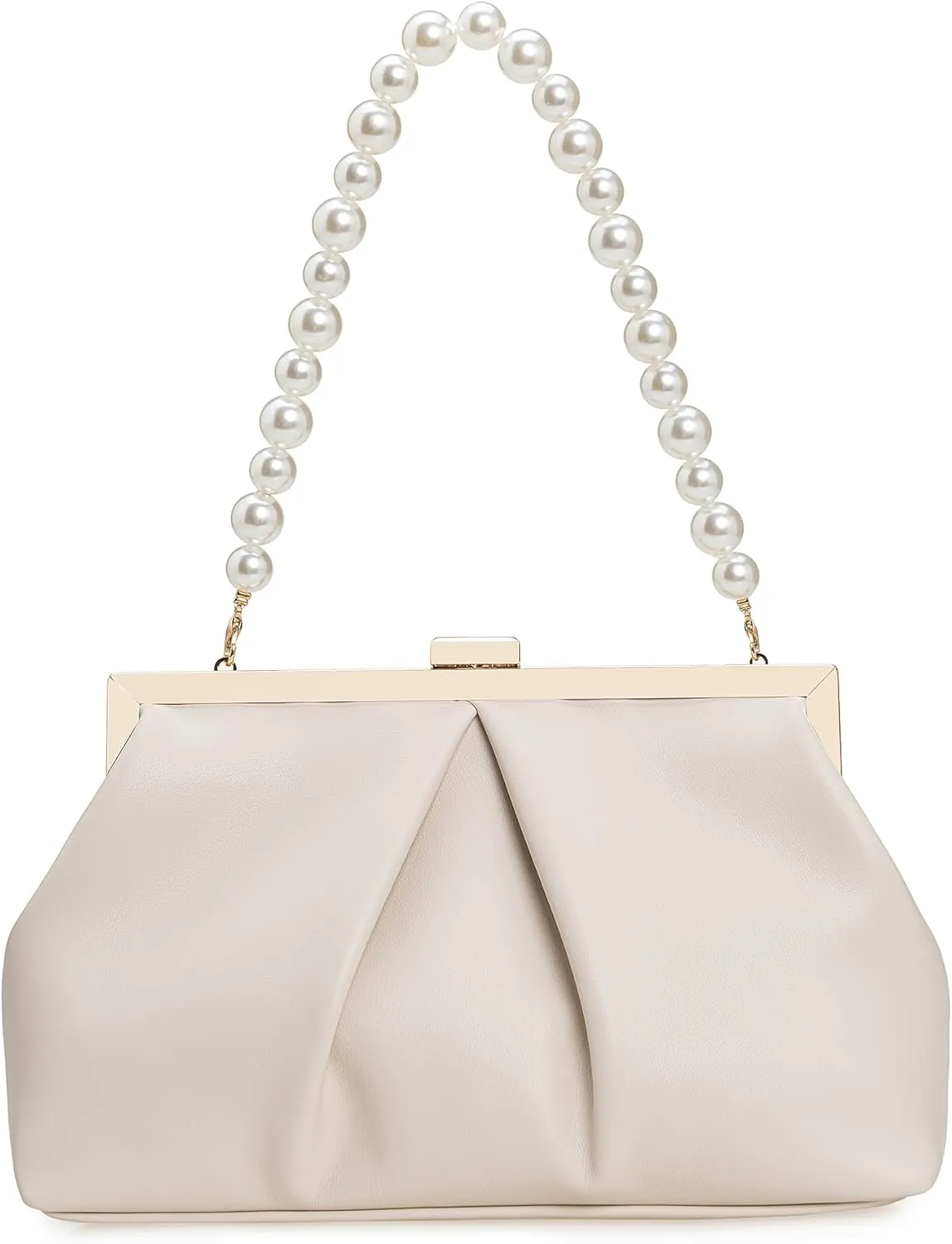 CHARMING TAILOR Faux Leather Clutch Purse Ruched PU Metal Frame Formal Evening Bag with Pearl Starp