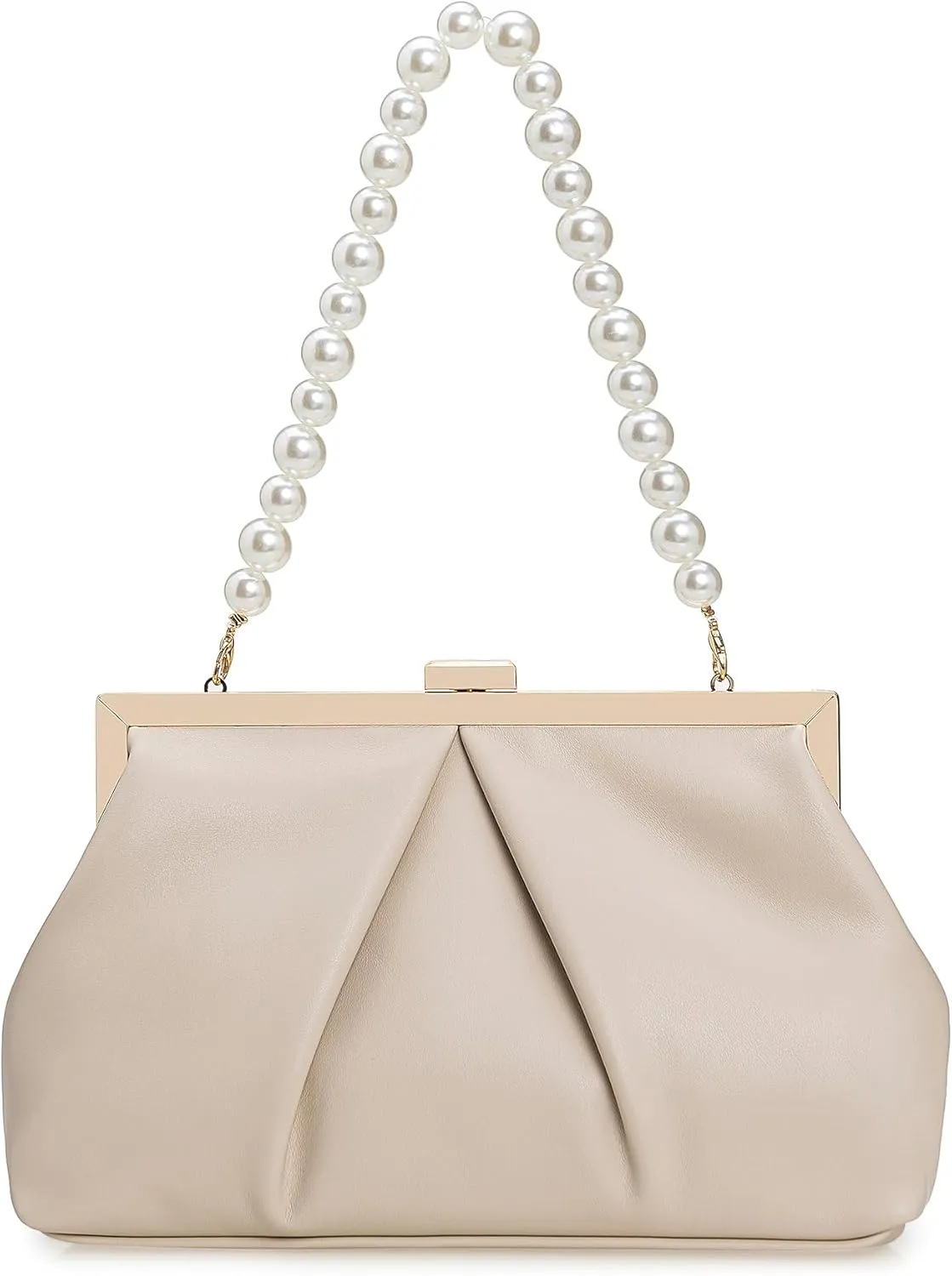 CHARMING TAILOR Faux Leather Clutch Purse Ruched PU Metal Frame Formal Evening Bag with Pearl Starp