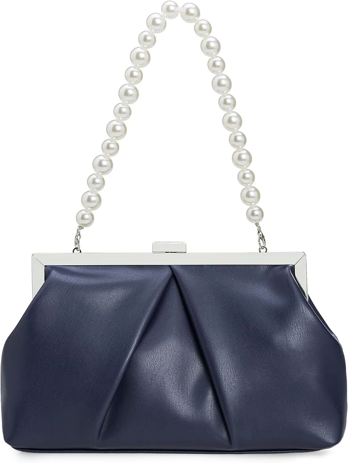 CHARMING TAILOR Faux Leather Clutch Purse Ruched PU Metal Frame Formal Evening Bag with Pearl Starp