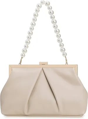 CHARMING TAILOR Faux Leather Clutch Purse Ruched PU Metal Frame Formal Evening Bag with Pearl Starp