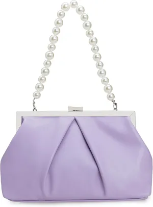 CHARMING TAILOR Faux Leather Clutch Purse Ruched PU Metal Frame Formal Evening Bag with Pearl Starp