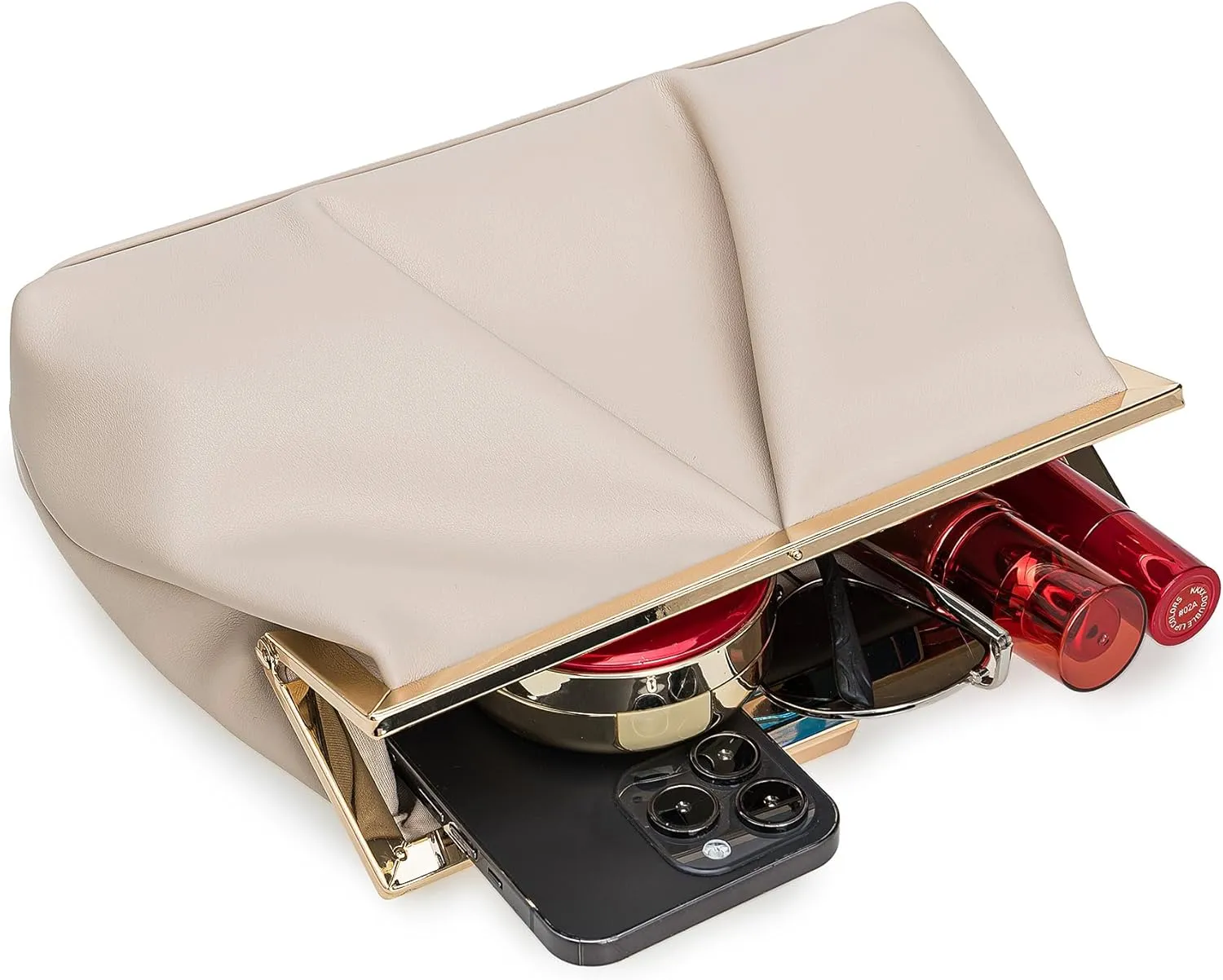 CHARMING TAILOR Faux Leather Clutch Purse Ruched PU Metal Frame Formal Evening Bag with Pearl Starp