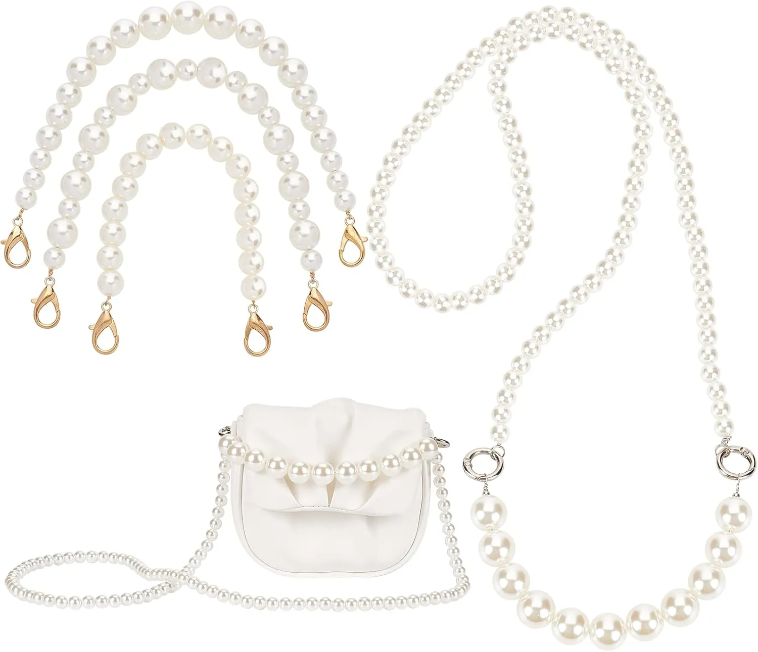 CHGCRAFT 4Pcs 4 Size Glass Pearl Bead Handle Chain Pearl Bead Purse Handle Strap with Golden Clasp Short Bag Chain Bag Strap Replacement for Handmade Bag Purse Handbag Making Crafting