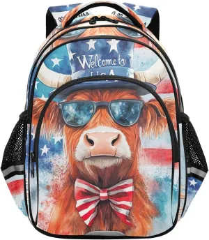 CHIFIGNO School Backpack, Cool Highland Cow American Flag Travel Book Bag Girls Boys Lightweight Daypack Backpacks with Reflective Stripes