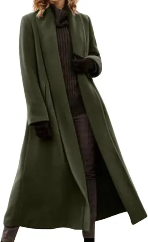 chouyatou Women's Elegant Shawl Collar Open Front Wool Coat Formal Work Mid Long Winter Pea Coat