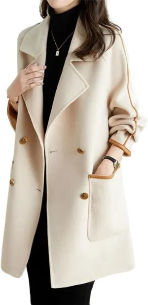 chouyatou Women's Winter Elegant Notch Lapel Wool Coat Double Breasted Wool Blend Trench Pea Coat