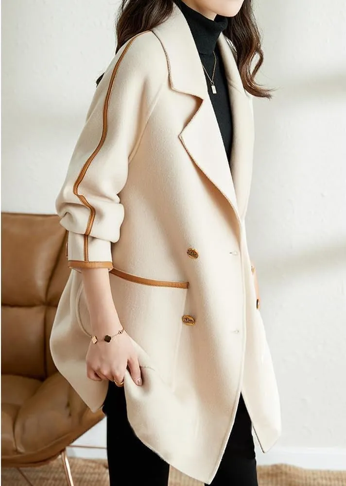 chouyatou Women's Winter Elegant Notch Lapel Wool Coat Double Breasted Wool Blend Trench Pea Coat