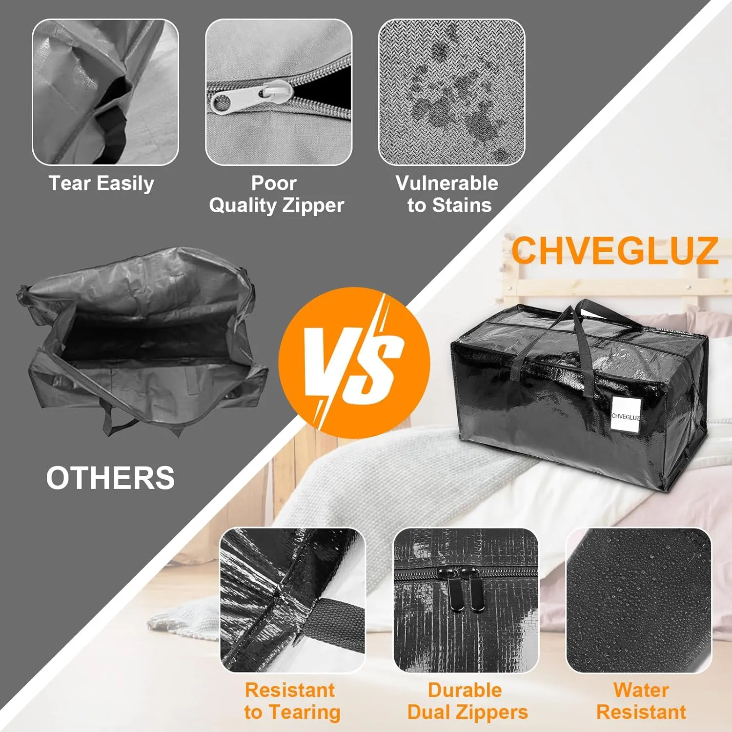 CHVEGLUZ 2 Packs Moving Bags Heavy Duty Extra Large,Storage Bags with Zipper&Handles, Sturdy&Durable Clothes Storage Bags Totes for College Dorm Essentials, Moving Boxes for College Supplies, Black