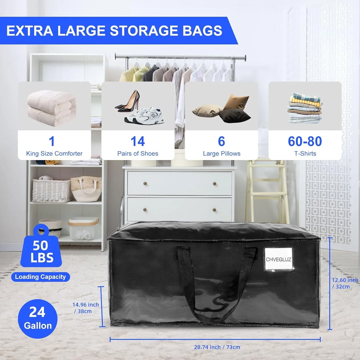 CHVEGLUZ 4 Packs Moving Bags Heavy Duty Extra Large,Storage Bags with Zipper&Handles, Sturdy&Durable Clothes Storage Bags Totes for College Dorm Essentials, Moving Boxes for College Supplies, Black