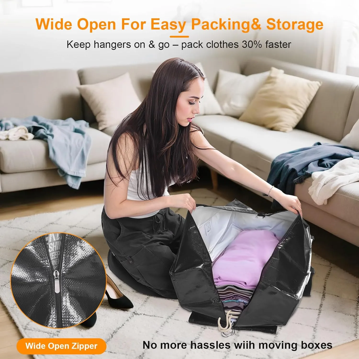 CHVEGLUZ 4 Packs Moving Bags Heavy Duty Extra Large,Storage Bags with Zipper&Handles, Sturdy&Durable Clothes Storage Bags Totes for College Dorm Essentials, Moving Boxes for College Supplies, Black