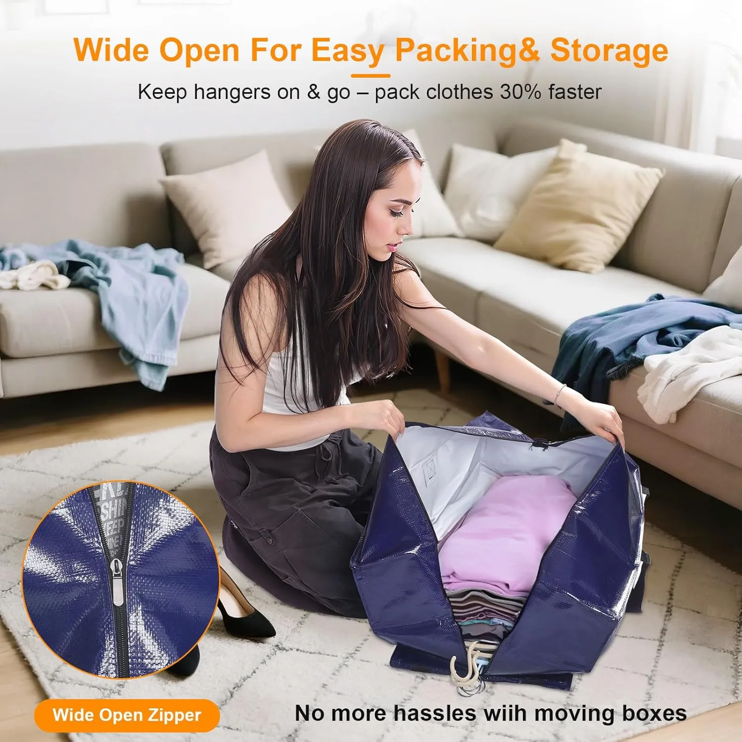 CHVEGLUZ 6 Packs Moving Bags Heavy Duty Extra Large,Storage Bags with Zipper&Handles, Sturdy&Durable Clothes Storage Bags Totes for College Dorm Essentials, Moving Boxes for College Supplies, Blue