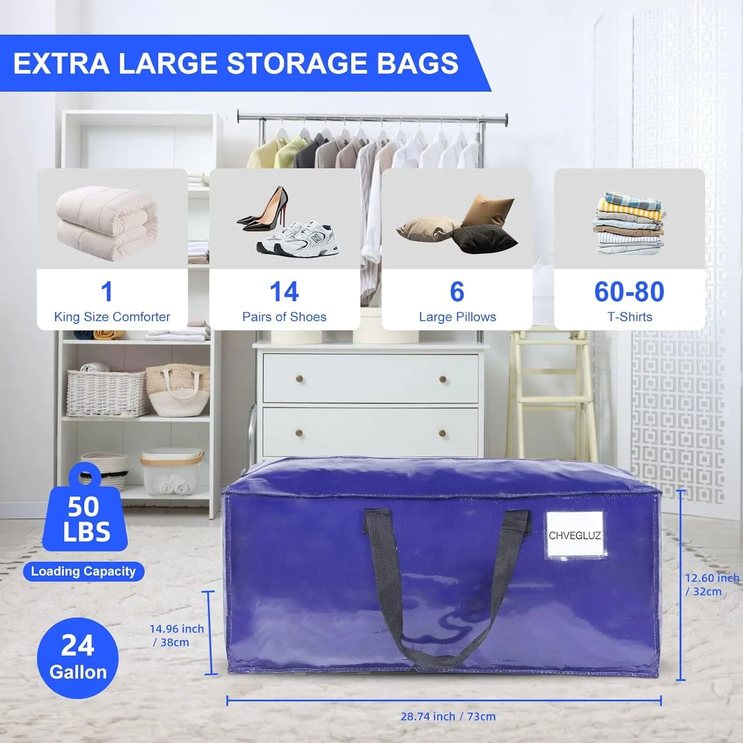 CHVEGLUZ 6 Packs Moving Bags Heavy Duty Extra Large,Storage Bags with Zipper&Handles, Sturdy&Durable Clothes Storage Bags Totes for College Dorm Essentials, Moving Boxes for College Supplies, Blue