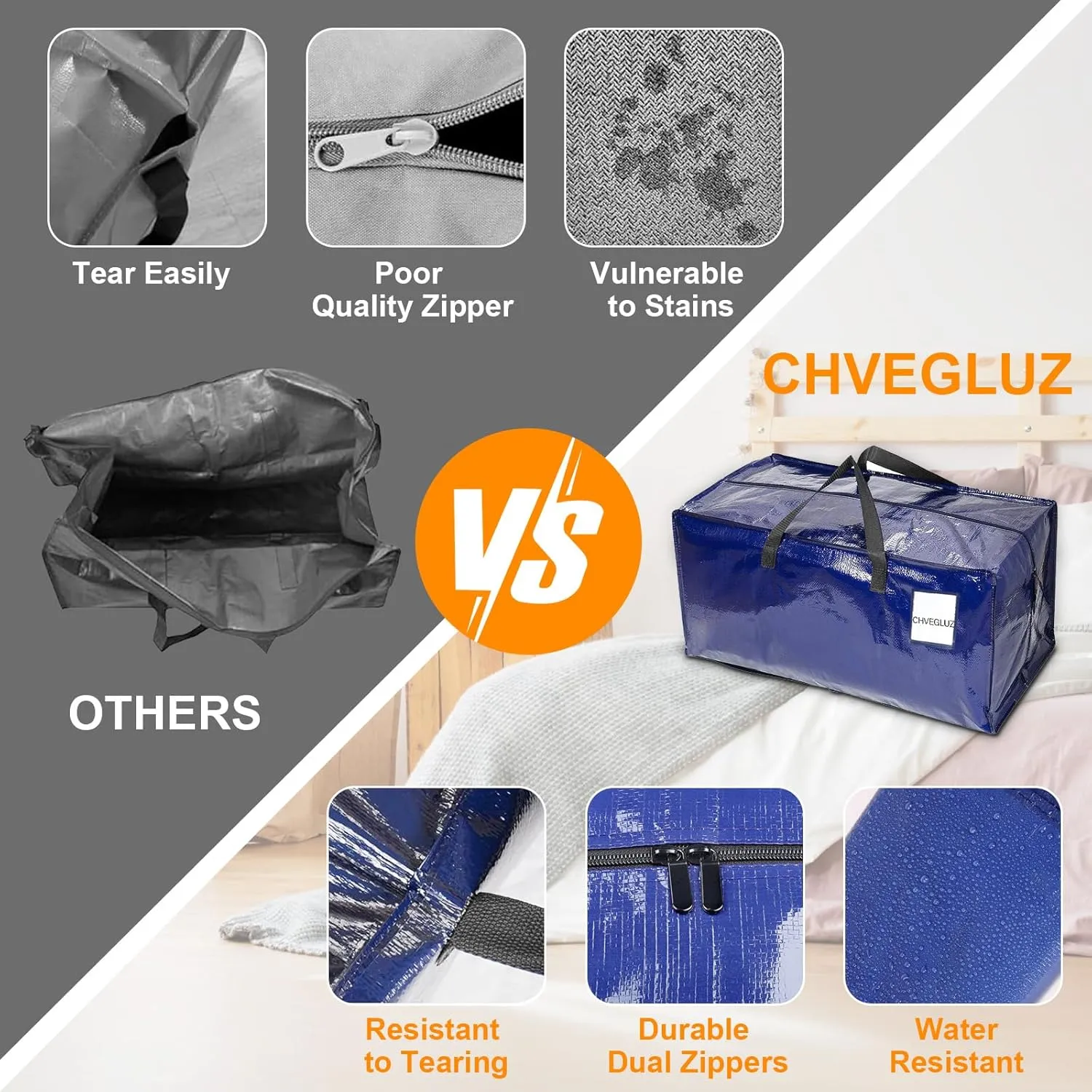 CHVEGLUZ 6 Packs Moving Bags Heavy Duty Extra Large,Storage Bags with Zipper&Handles, Sturdy&Durable Clothes Storage Bags Totes for College Dorm Essentials, Moving Boxes for College Supplies, Blue