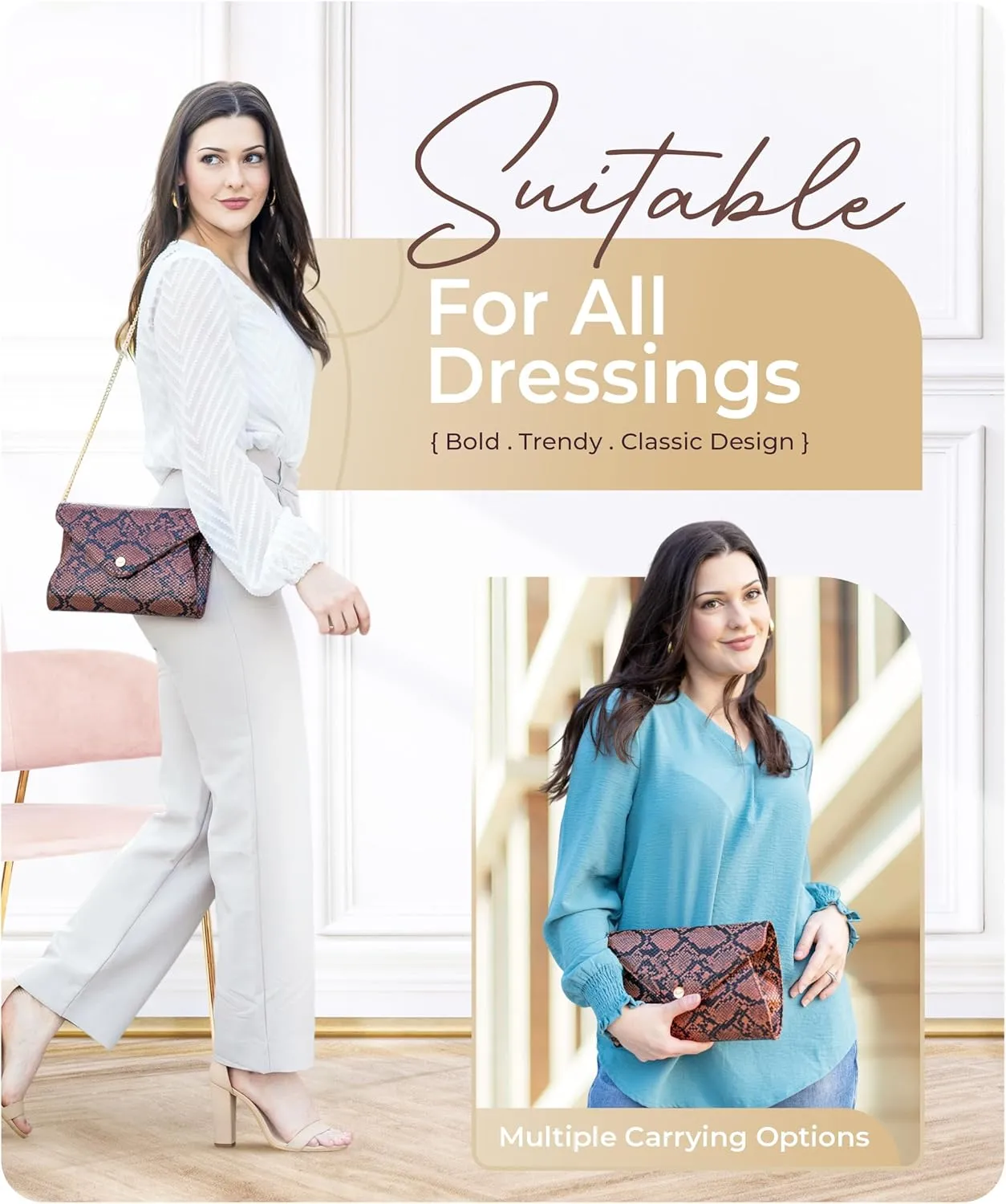 Claasico Evening Clutch Purses For Women - Elegant Envelope Clutch RFID Bag with Detachable Chain