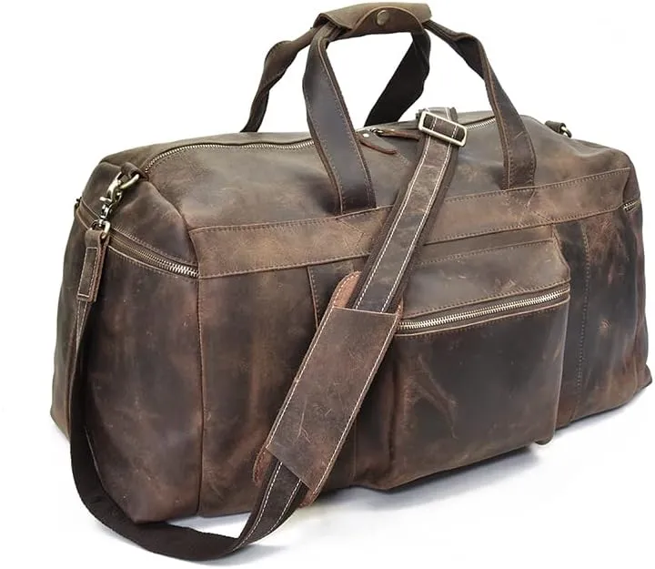 Classic Vintage Leather Travel Duffel Bag | Genuine Cow Leather | Spacious and Stylish | Handmade with Heavy Duty Craftsmanship (20 inch)