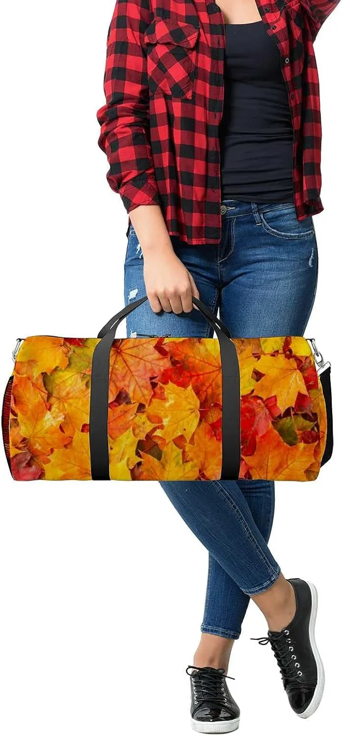 Colorful Bright Autumn Maple Leaves Sports Duffel Bag Travel Gym Tote Bags Lightweight Durable Shoulder Strap Waterproof Polyester Outside Mesh Pocket Overnight Trip Duffel Bag for Women Men