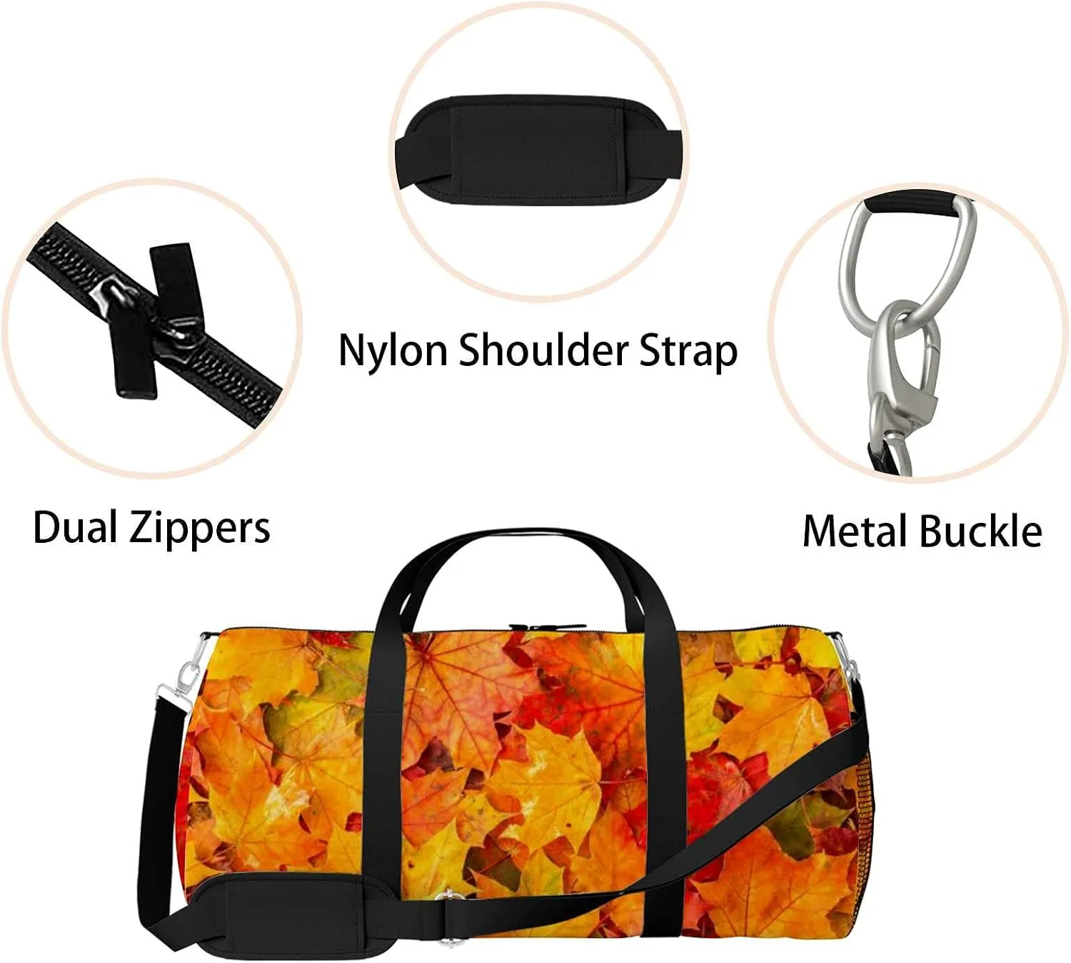 Colorful Bright Autumn Maple Leaves Sports Duffel Bag Travel Gym Tote Bags Lightweight Durable Shoulder Strap Waterproof Polyester Outside Mesh Pocket Overnight Trip Duffel Bag for Women Men