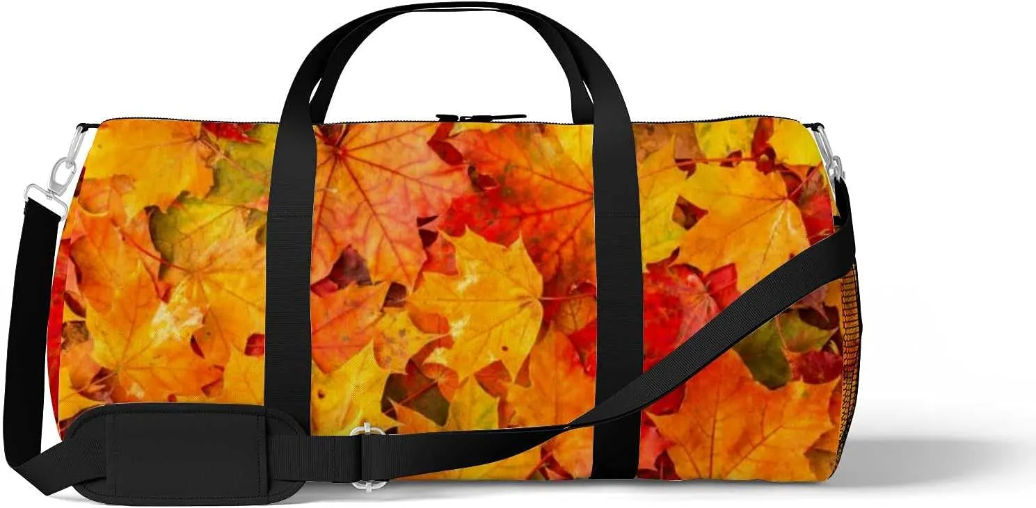Colorful Bright Autumn Maple Leaves Sports Duffel Bag Travel Gym Tote Bags Lightweight Durable Shoulder Strap Waterproof Polyester Outside Mesh Pocket Overnight Trip Duffel Bag for Women Men
