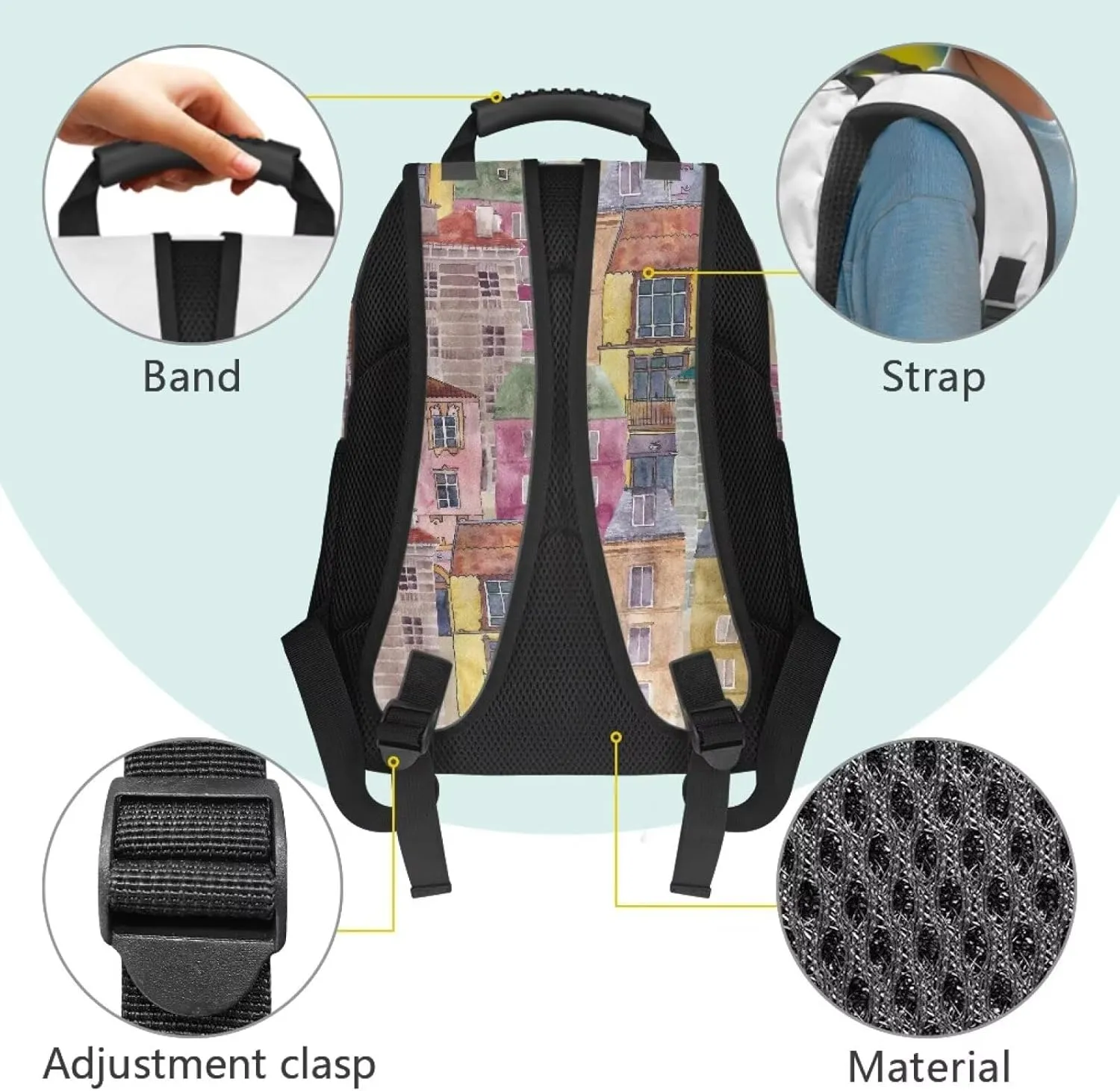Colorful Buildings Backpacks Popular Laptop Bookbags with Multi Compartment Large Shoulder Schoolbag Backpack for College Work College Computer