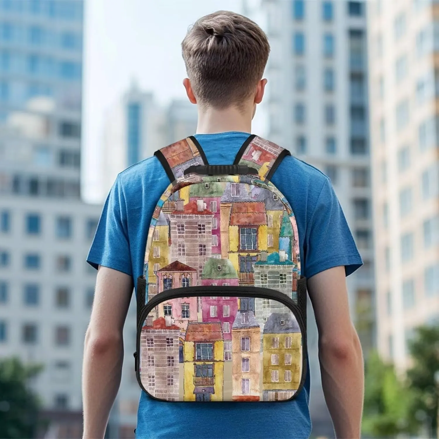 Colorful Buildings Backpacks Popular Laptop Bookbags with Multi Compartment Large Shoulder Schoolbag Backpack for College Work College Computer