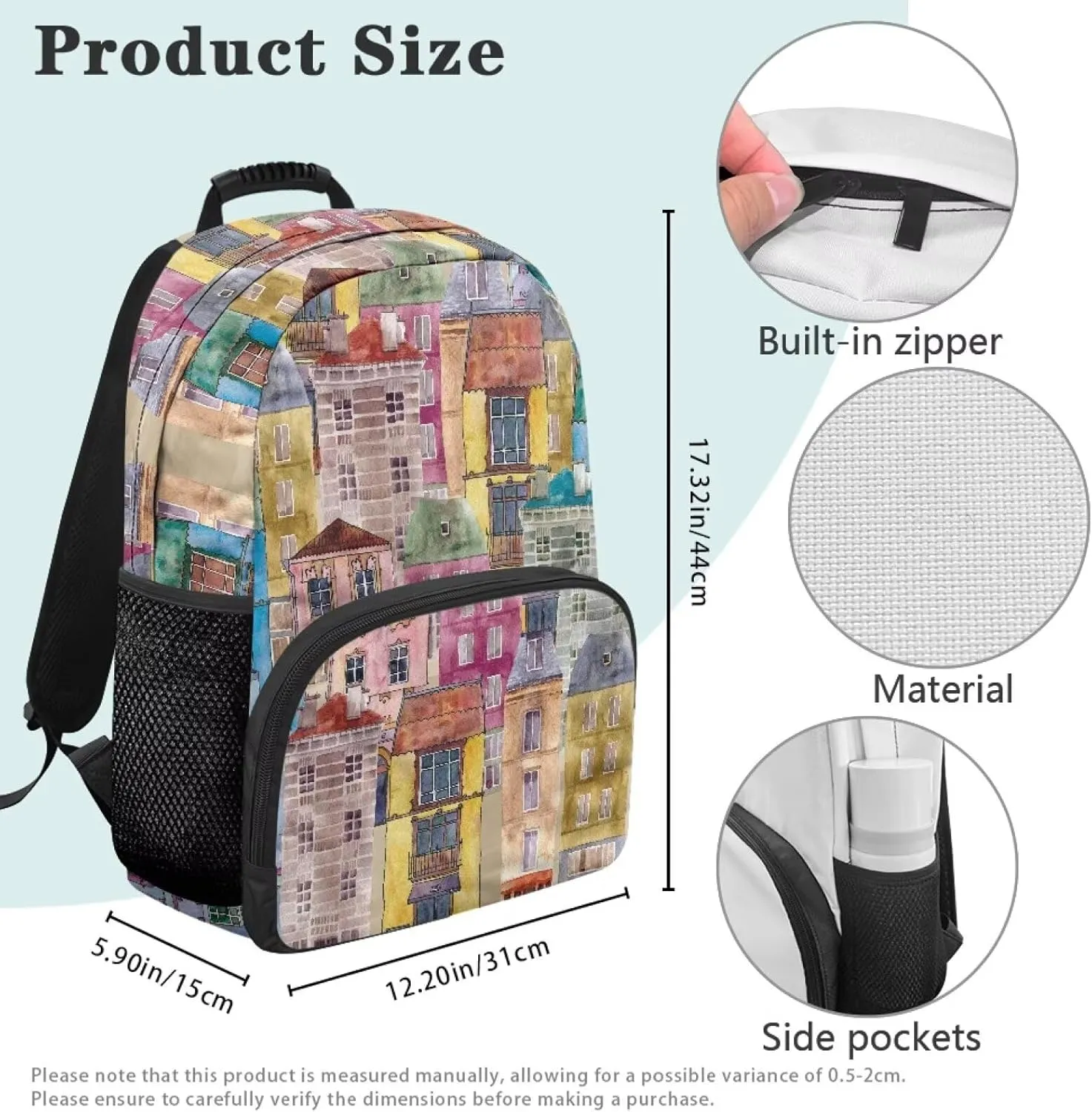 Colorful Buildings Backpacks Popular Laptop Bookbags with Multi Compartment Large Shoulder Schoolbag Backpack for College Work College Computer