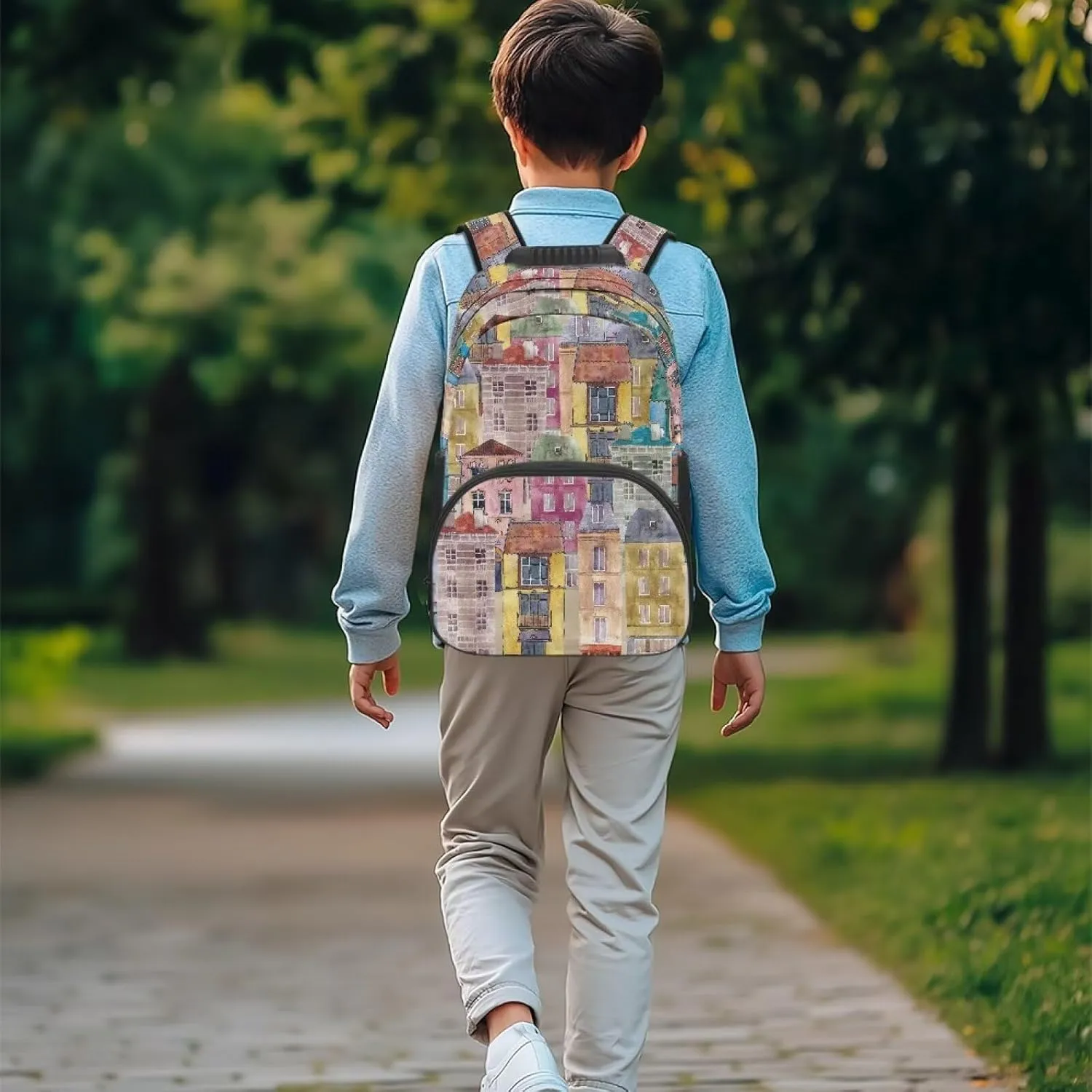 Colorful Buildings Backpacks Popular Laptop Bookbags with Multi Compartment Large Shoulder Schoolbag Backpack for College Work College Computer