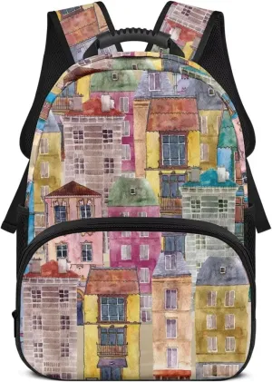 Colorful Buildings Backpacks Popular Laptop Bookbags with Multi Compartment Large Shoulder Schoolbag Backpack for College Work College Computer