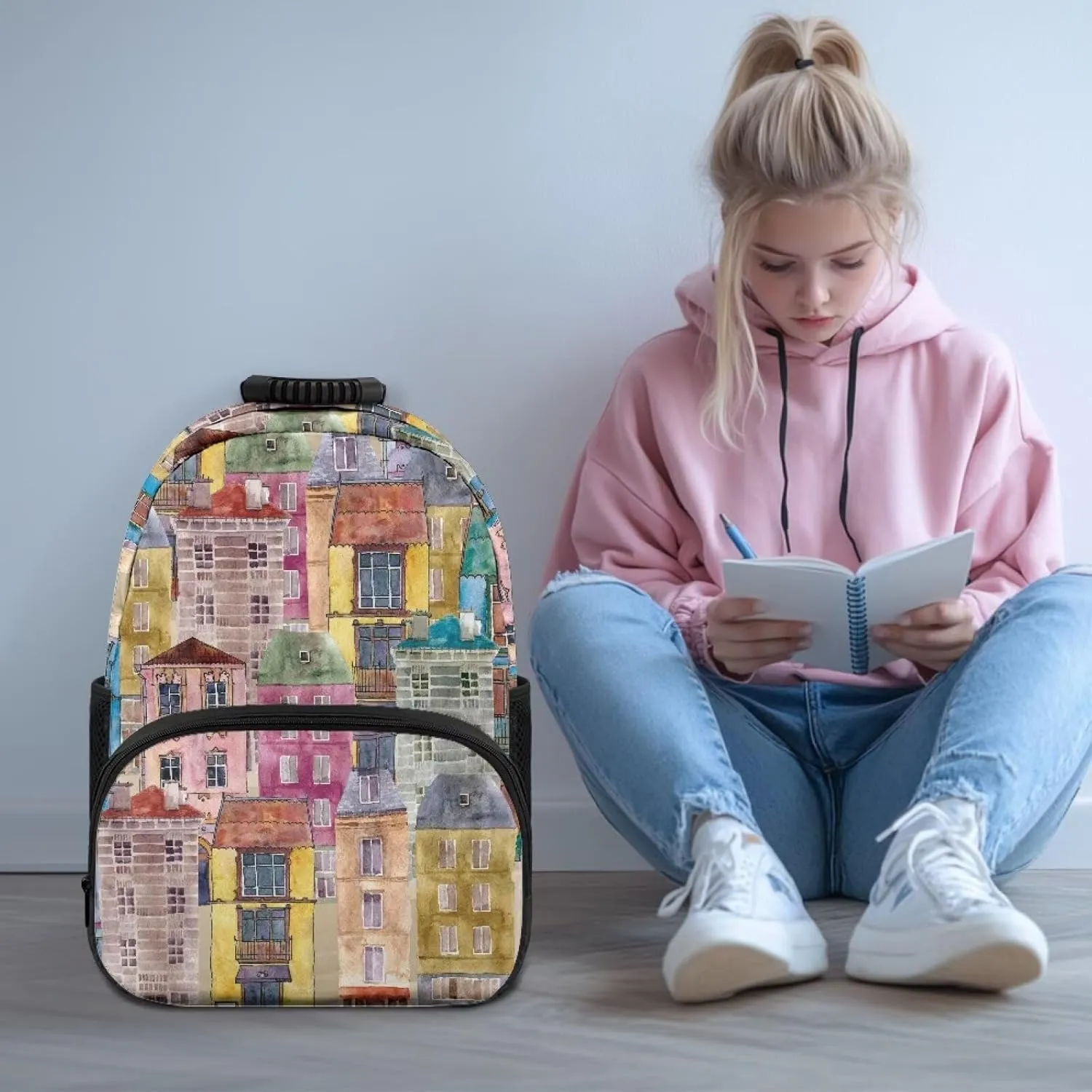 Colorful Buildings Backpacks Popular Laptop Bookbags with Multi Compartment Large Shoulder Schoolbag Backpack for College Work College Computer
