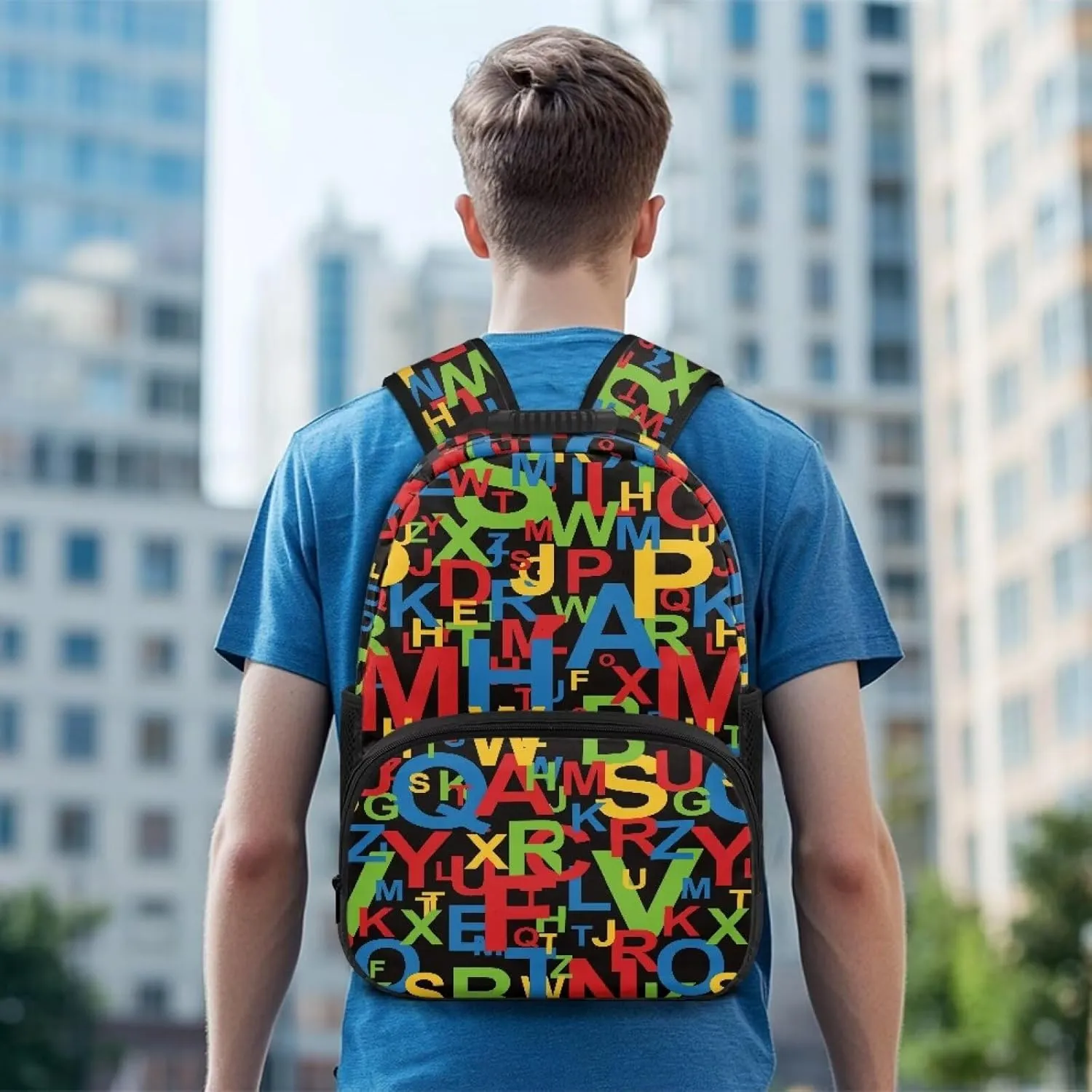 Colorful Letter Print Travel Computer Backpack Large Shoulder 17 Inch Backpacks Laptop Book Bag with Ergonomic Shoulder Straps for Men Women