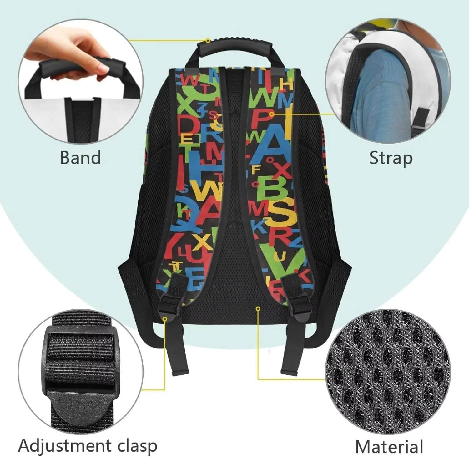 Colorful Letter Print Travel Computer Backpack Large Shoulder 17 Inch Backpacks Laptop Book Bag with Ergonomic Shoulder Straps for Men Women