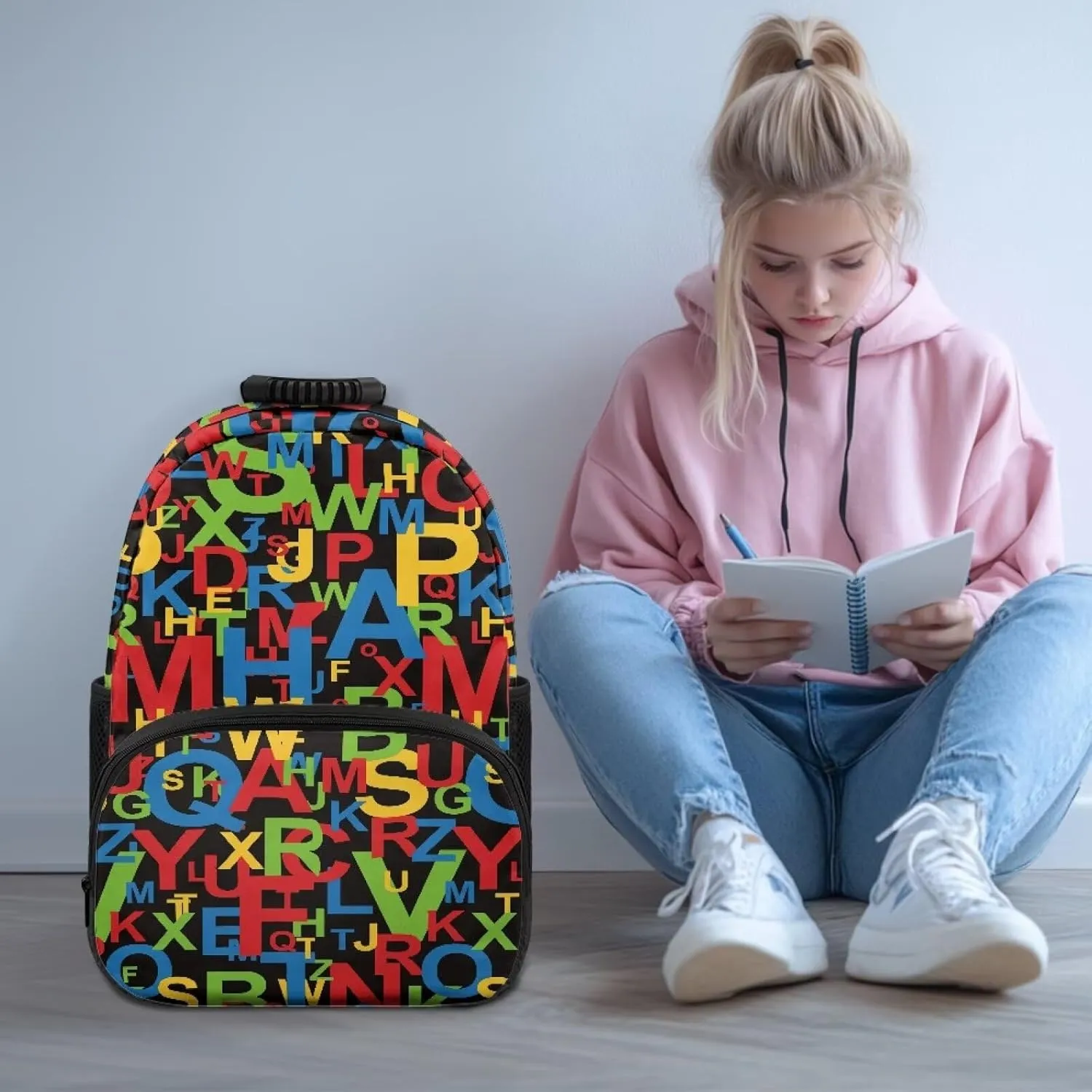 Colorful Letter Print Travel Computer Backpack Large Shoulder 17 Inch Backpacks Laptop Book Bag with Ergonomic Shoulder Straps for Men Women