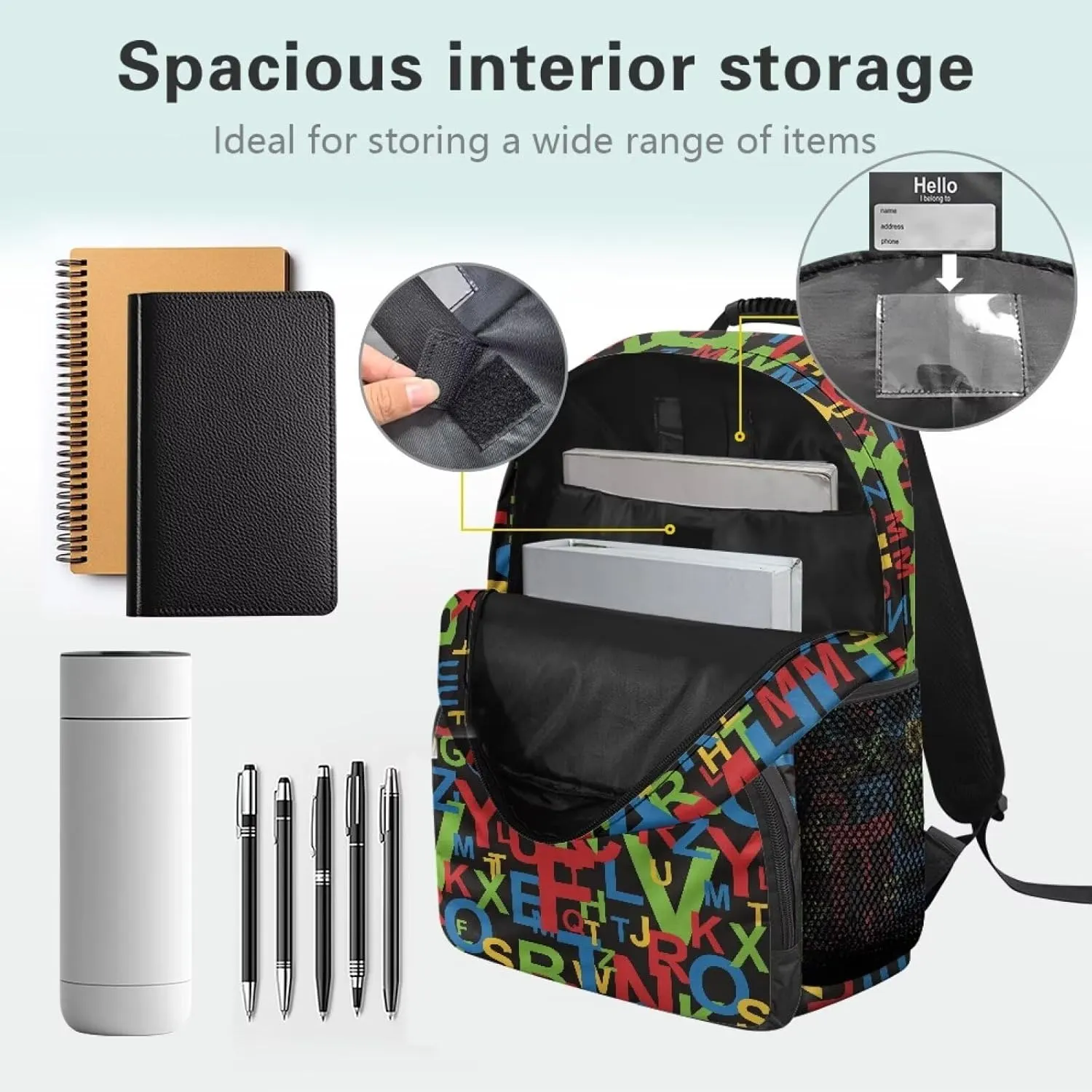 Colorful Letter Print Travel Computer Backpack Large Shoulder 17 Inch Backpacks Laptop Book Bag with Ergonomic Shoulder Straps for Men Women