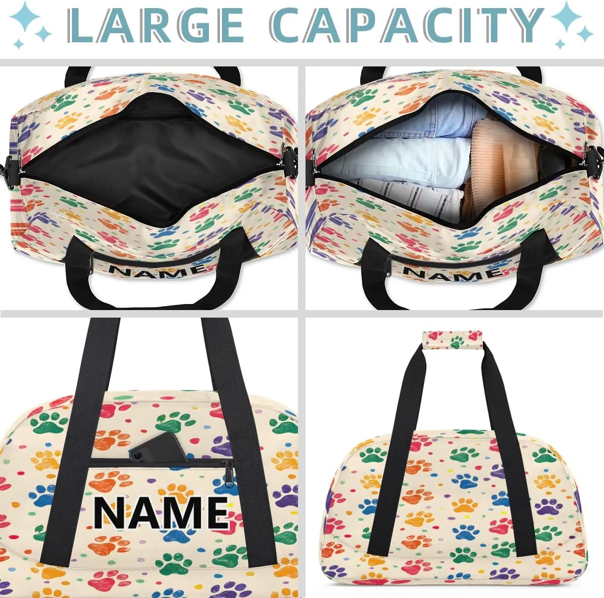 Colorful Paw Print Footprint Mini Gym Bag 18 inch for Women Men Waterproof Custom Paws Travel Duffel Bag Carry On Overnight Tote Nurse Bag for Work Fitness Hiking
