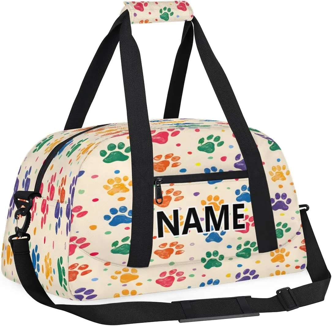Colorful Paw Print Footprint Mini Gym Bag 18 inch for Women Men Waterproof Custom Paws Travel Duffel Bag Carry On Overnight Tote Nurse Bag for Work Fitness Hiking